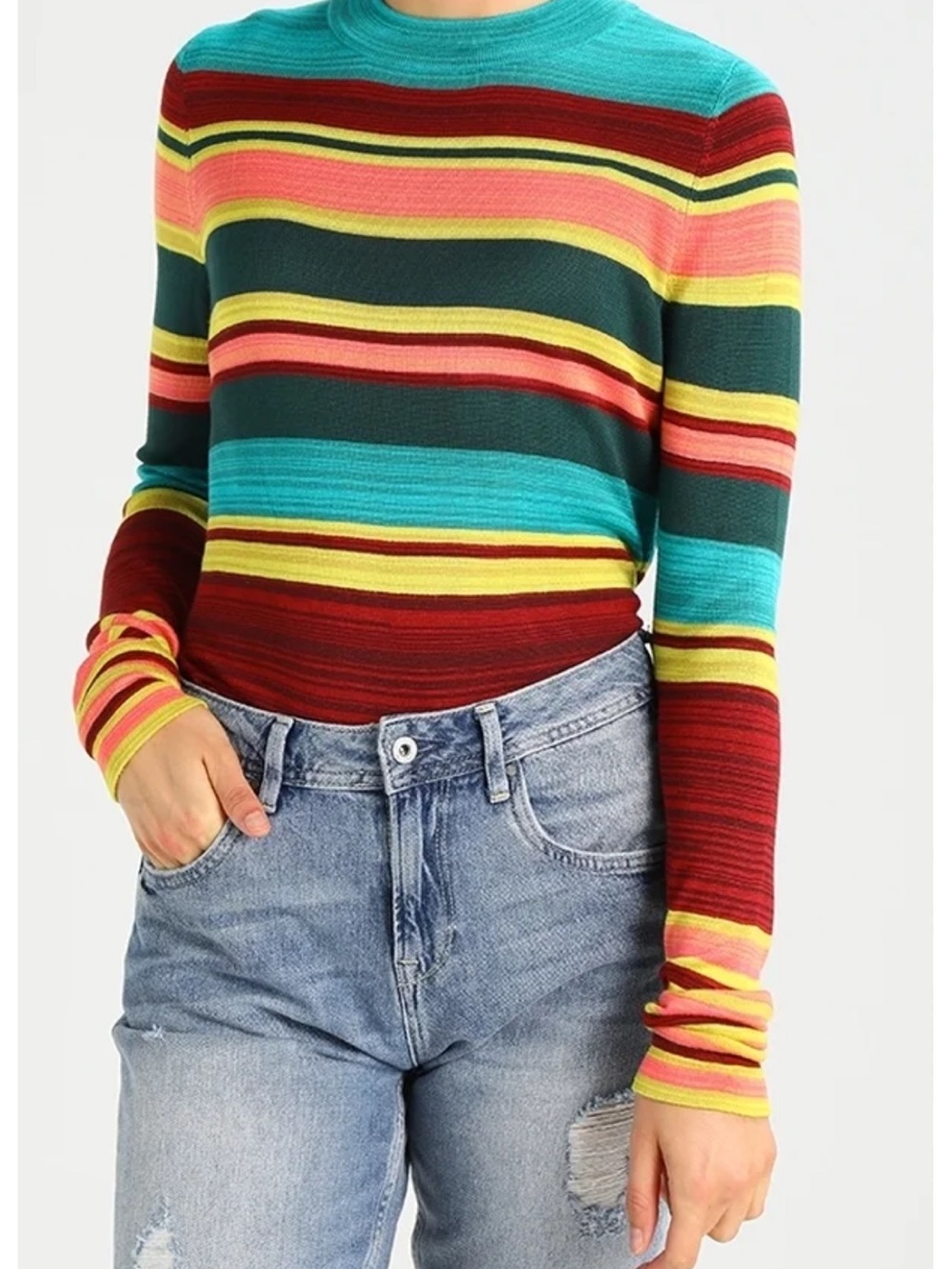 Free People Retro Mock Neck Teal Stripe Lightweight Knit Boho Fall Sweater S